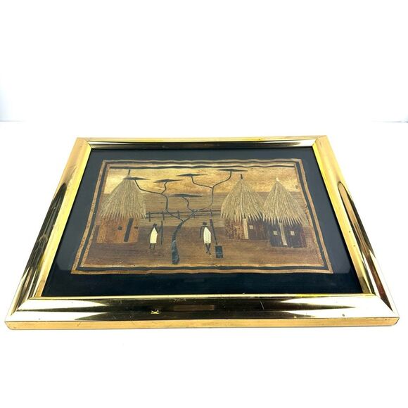 Vintage African Handmade Banana Leaf Tribal Art Photo in Gold Frame - Picture 2 of 10